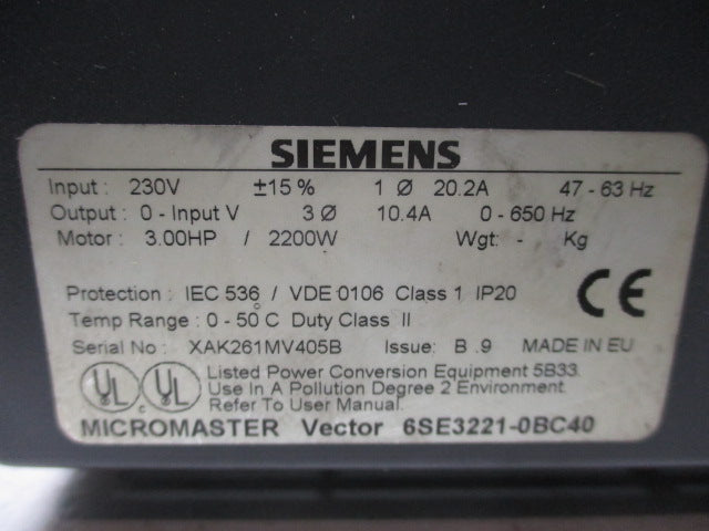 SIEMENS 6SE3221-0BC40 (AS PICTURED) UNMP