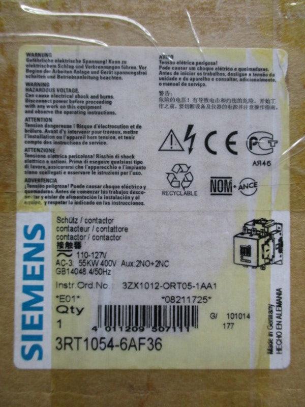 SIEMENS 3RT1054-6AF36 110-127V 55KW 250A 4/50HZ NSMP