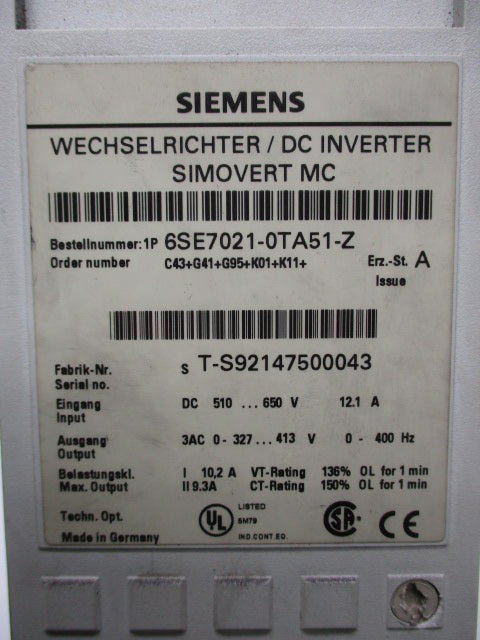 SIEMENS 6SE7021-0TA51-Z (AS PICTURED) NSNP