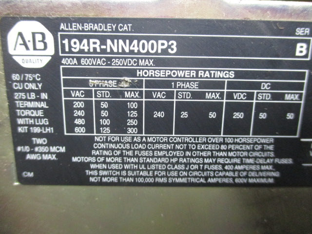 ALLEN BRADLEY 194R-NN400P3 SER. B UNMP