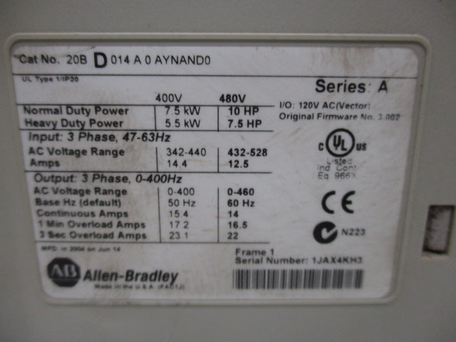 ALLEN BRADLEY 20BD014A0AYNAND0 SER. A F/W: 3.002 (AS PICTURED) UNMP