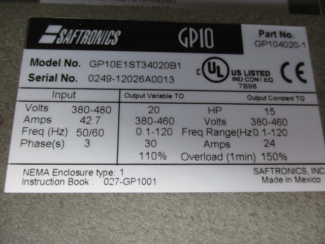 SAFTRONICS GP10E1ST34020B1 (GP104020-1) NSMP