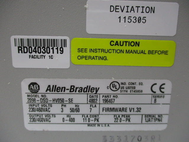 ALLEN BRADLEY 2098-DSD-HV050-SE SER. B F/W V1.32 UNMP