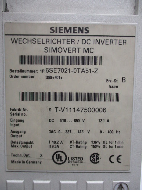 SIEMENS 6SE7021-0TA51-Z 510-650V 12.1A UNMP