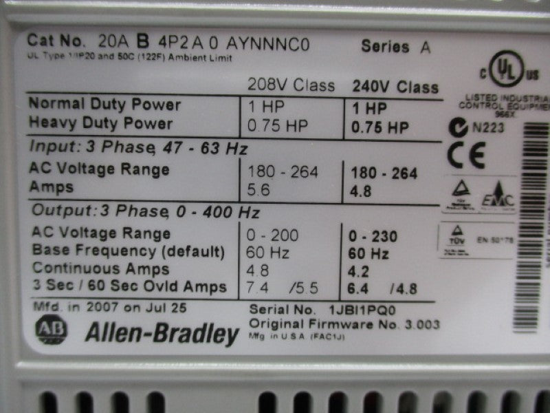 INDUSTRIAL SPARE PART 20AB4P2A0AYNNNC0 SER. A F/W 3.003 NSMP