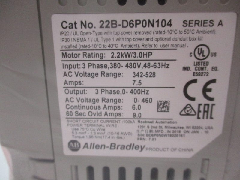 ALLEN BRADLEY 22B-D6P0N104 SER. A F/W 7.01 NSMP