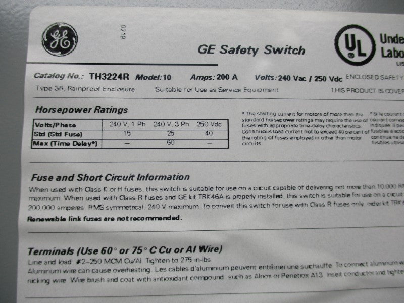 GENERAL ELECTRIC TH3224R MODEL 10 NSMP