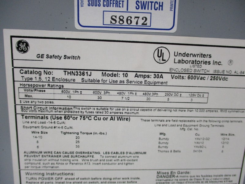 GENERAL ELECTRIC THN3361J NSMP
