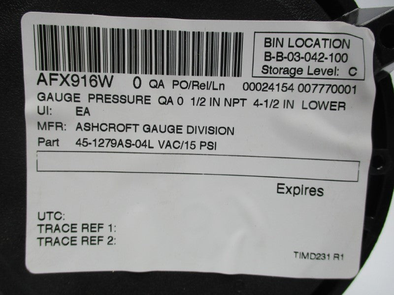 ASHCROFT 45-1279AS-04LVAC-15 NSNP
