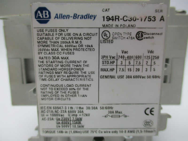 ALLEN BRADLEY 194R-C30-1753 SER. A (W/O HANDLE) UNMP