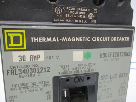 SQUARE D FAL340301212 CIRCUIT BREAKER 30A 250V UNMP