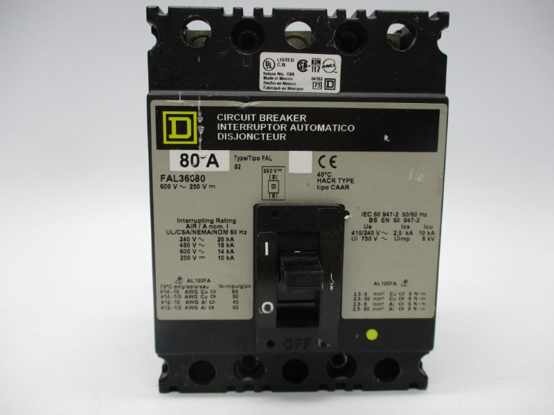 SQUARE D FAL36080 CIRCUIT BREAKER 80A 600V UNMP