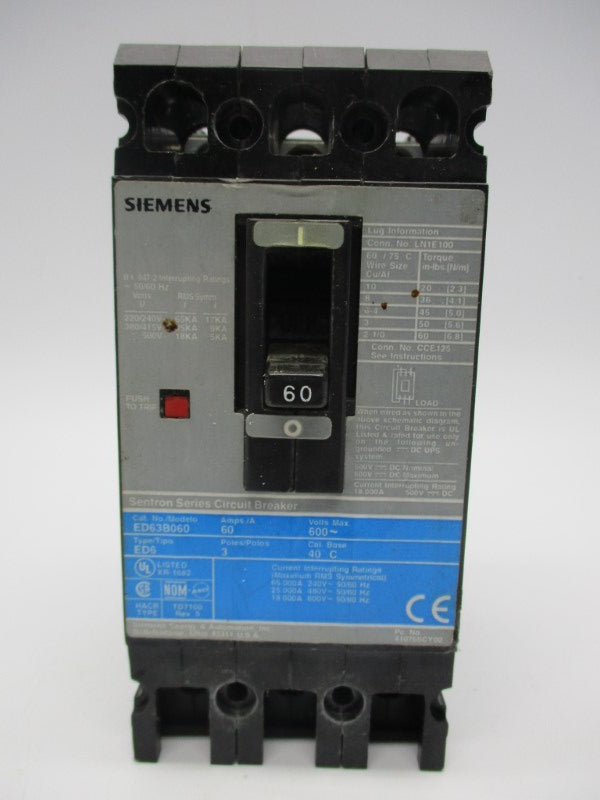SIEMENS ED63B060 CIRCUIT BREAKER 60A 600V UNMP