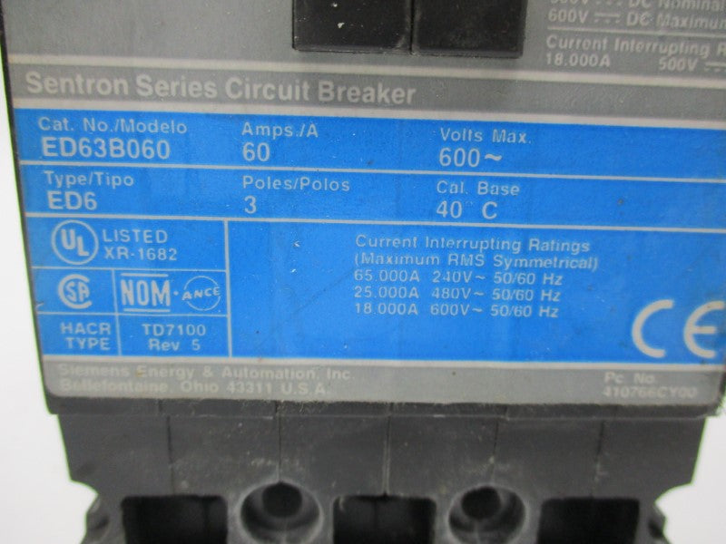 SIEMENS ED63B060 CIRCUIT BREAKER 60A 600V UNMP