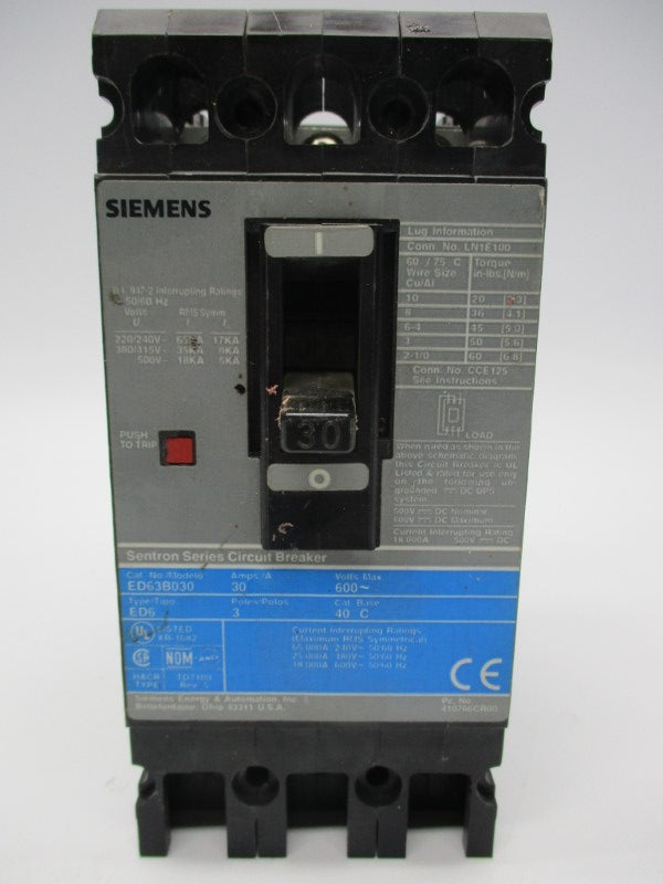 SIEMENS ED63B030 CIRCUIT BREAKER 30A 600V UNMP