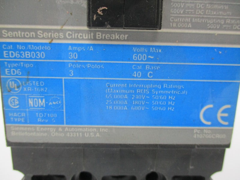 SIEMENS ED63B030 CIRCUIT BREAKER 30A 600V UNMP