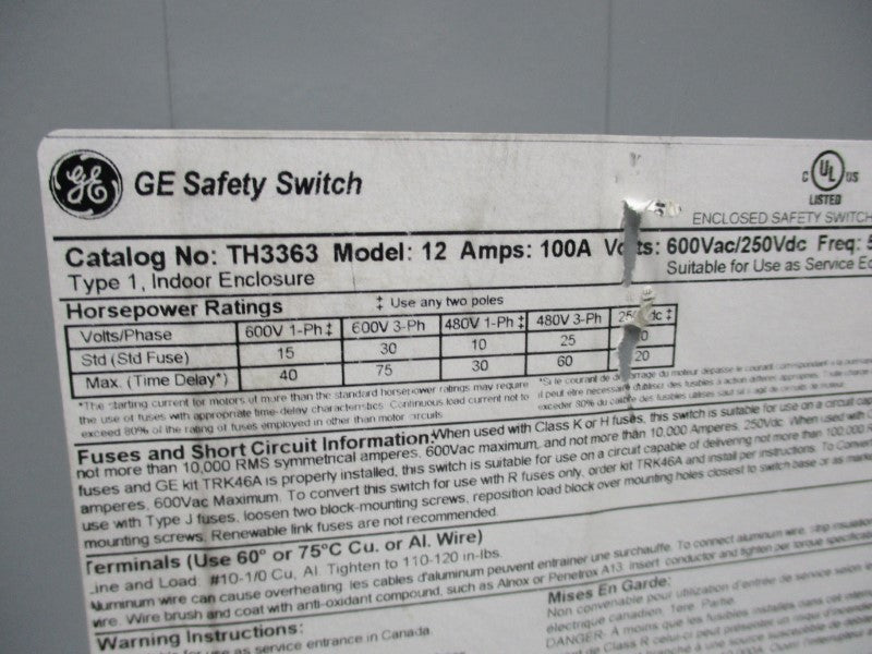 GENERAL ELECTRIC TH3363 UNMP