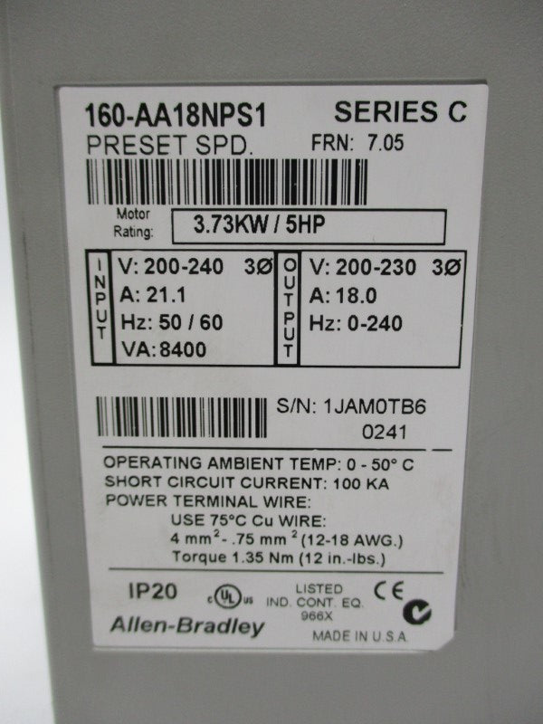 ALLEN BRADLEY 160-AA18NPS1 SER. C F/W 7.05 NSNP