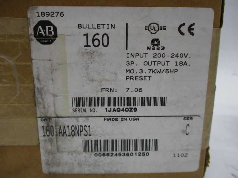 ALLEN BRADLEY 160-AA18NPS1 SER. C F/W 7.05 NSNP