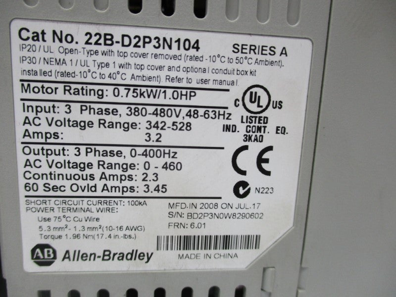 ALLEN BRADLEY 22B-D2P3N104 SER. A 380-480V 3.45A F/W 6.01 NSNP