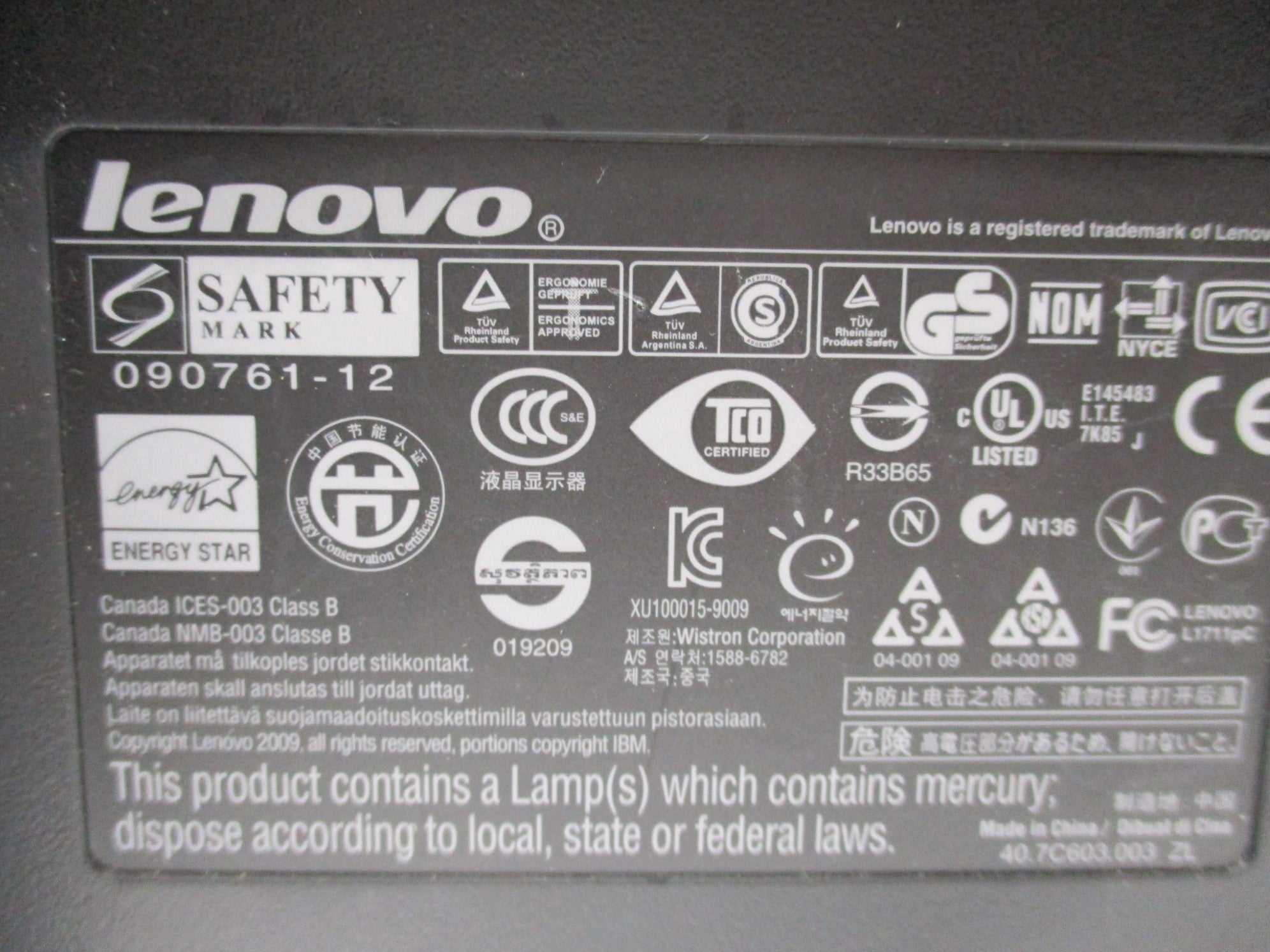 LENOVO 090761-12 TYPE L1711PC (AS PICTURED) UNMP