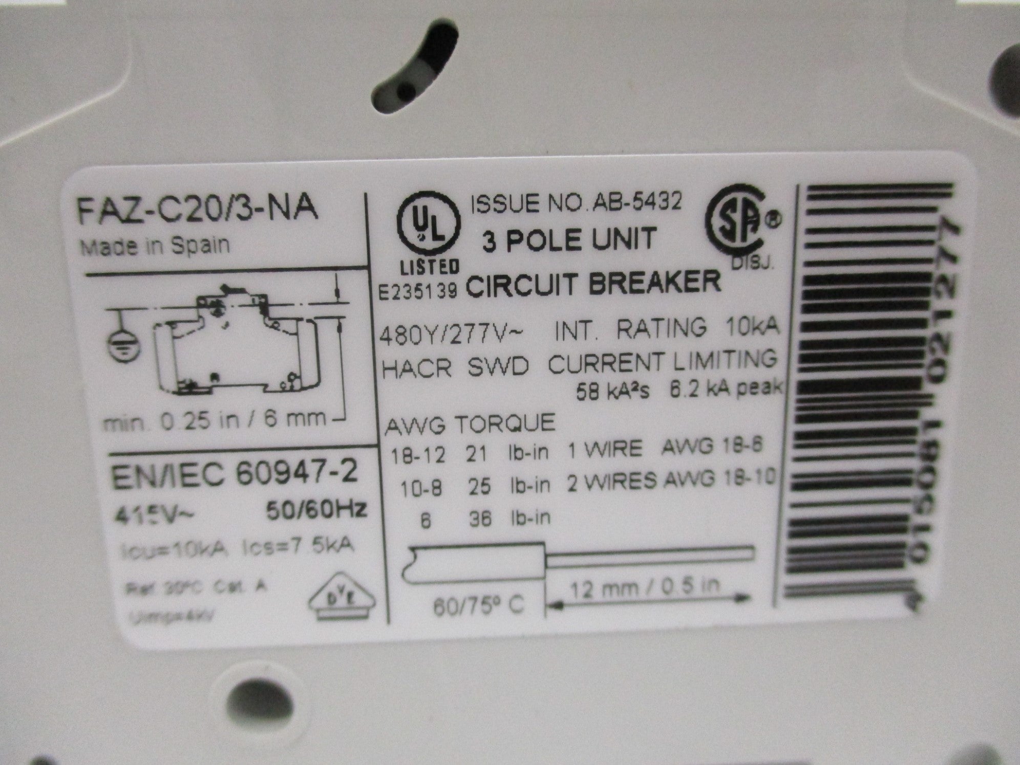 MOELLER FAZ-C20/3-NA 20A 277V NSMP