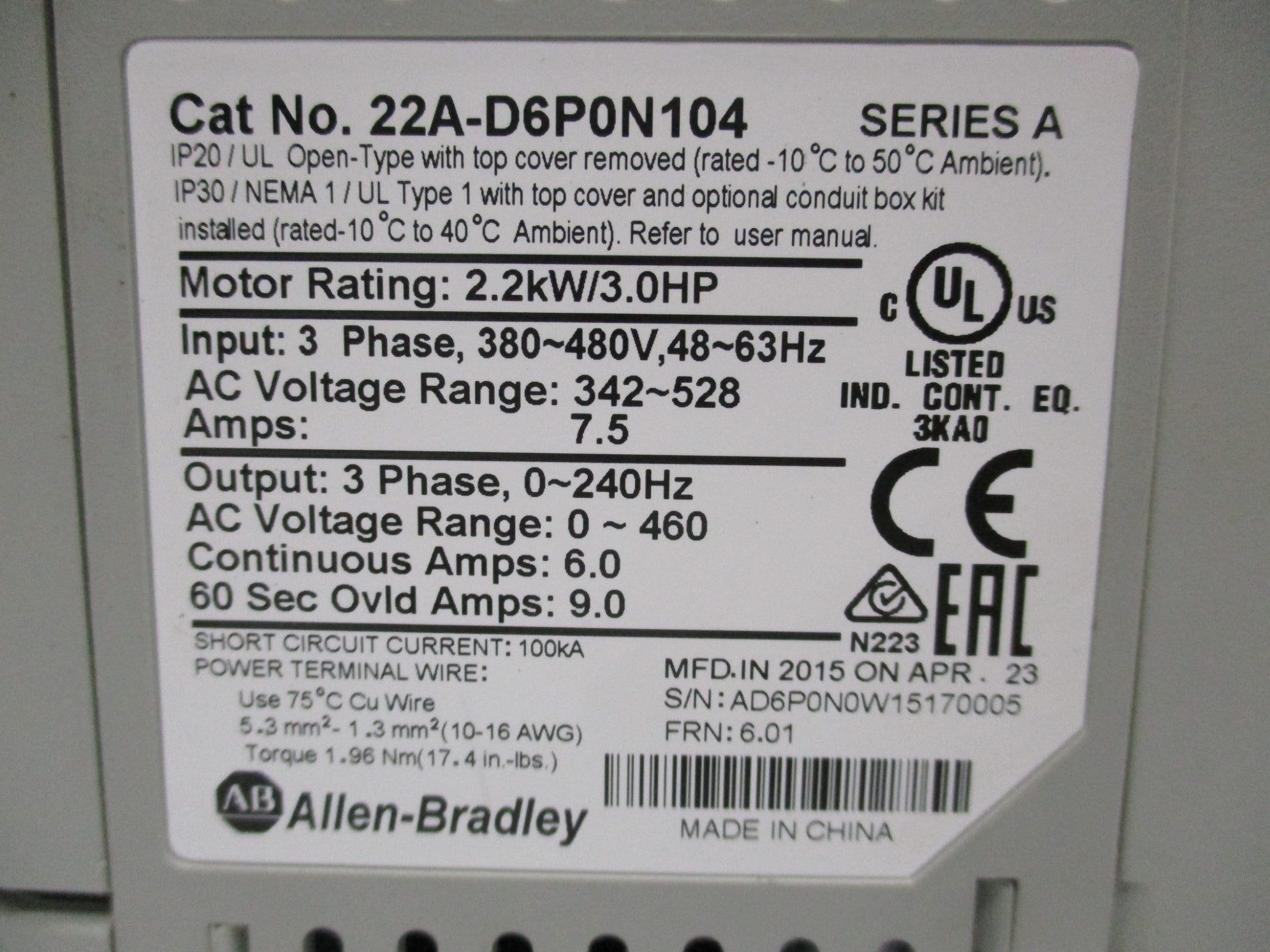 ALLEN BRADLEY 22A-D6P0N104 SER. A F/W 6.01 NSMP