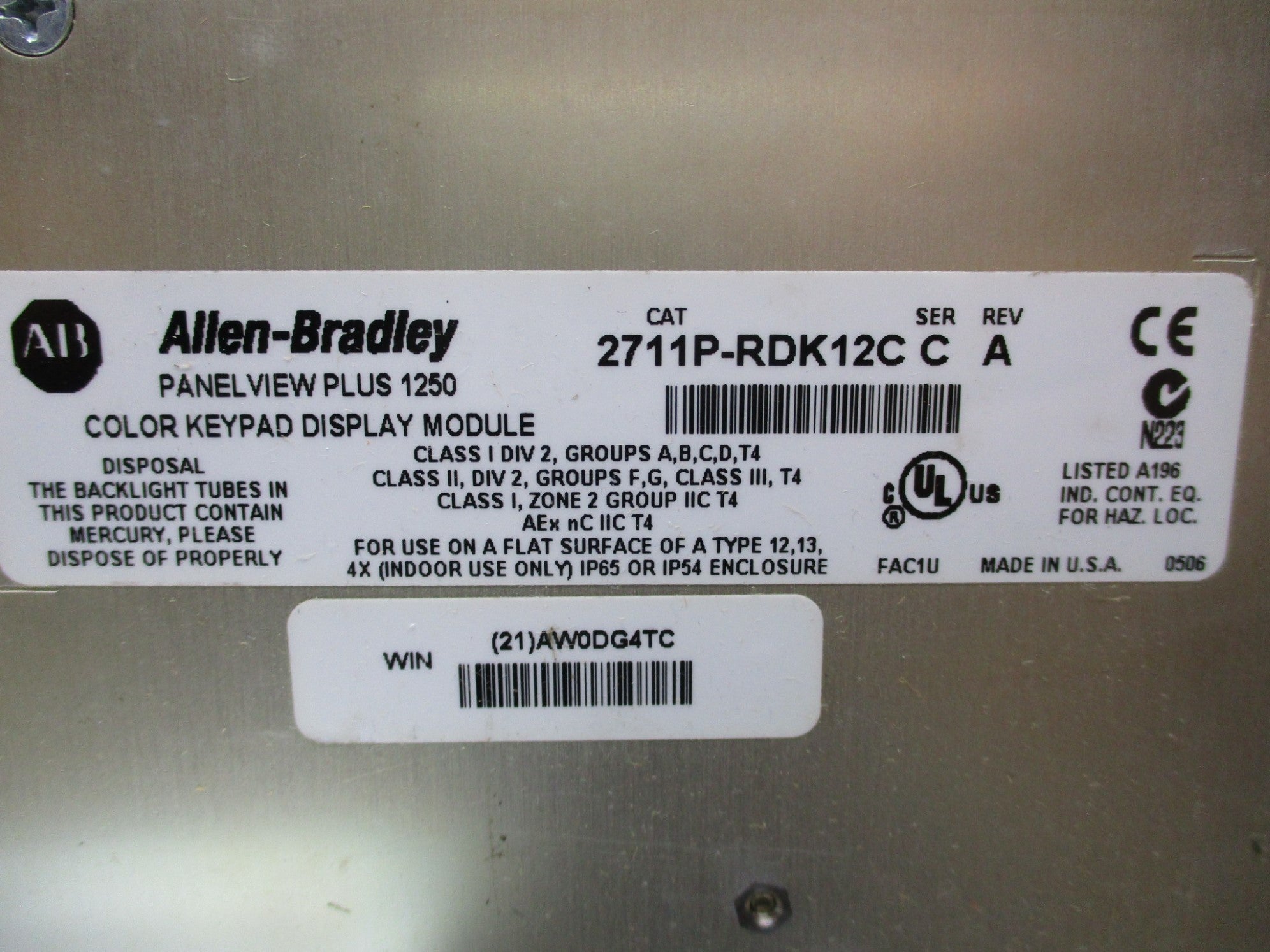 ALLEN BRADLEY 2711P-K12C6A1 SER. A UNMP