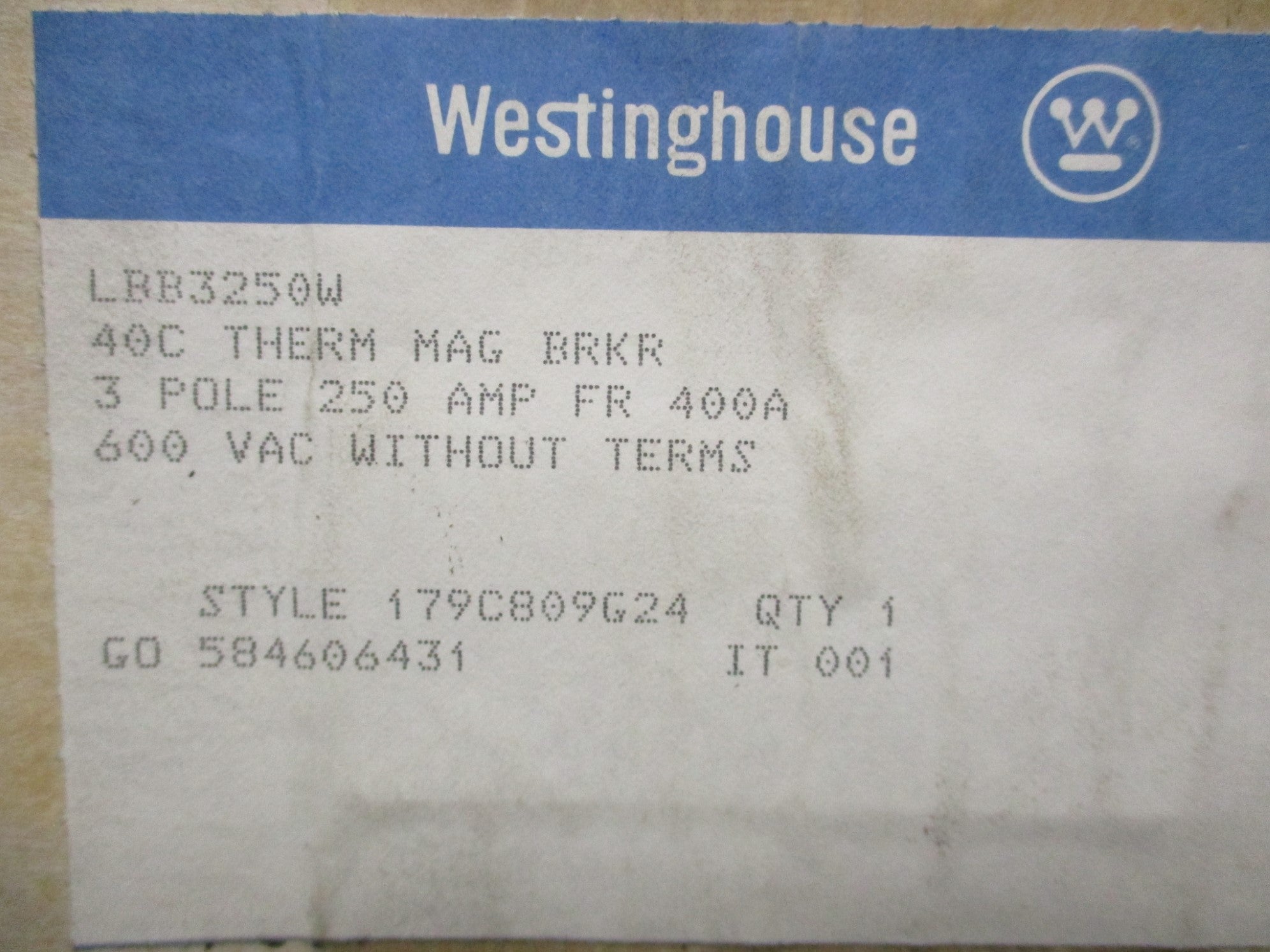 WESTINGHOUSE LBB3250W 250A 600V NSMP