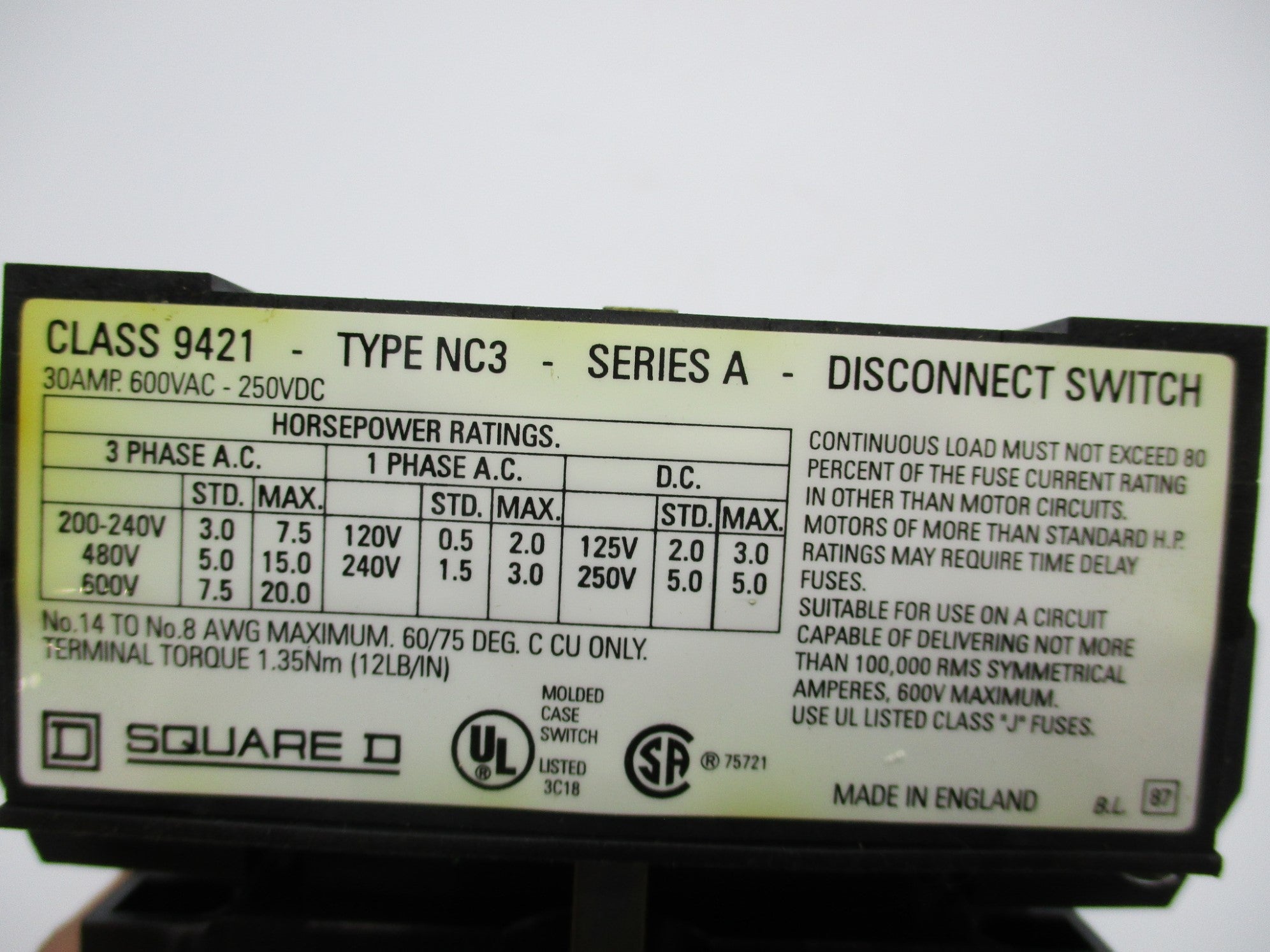 SQUARE D 9421-NC3 SER. A NSNP