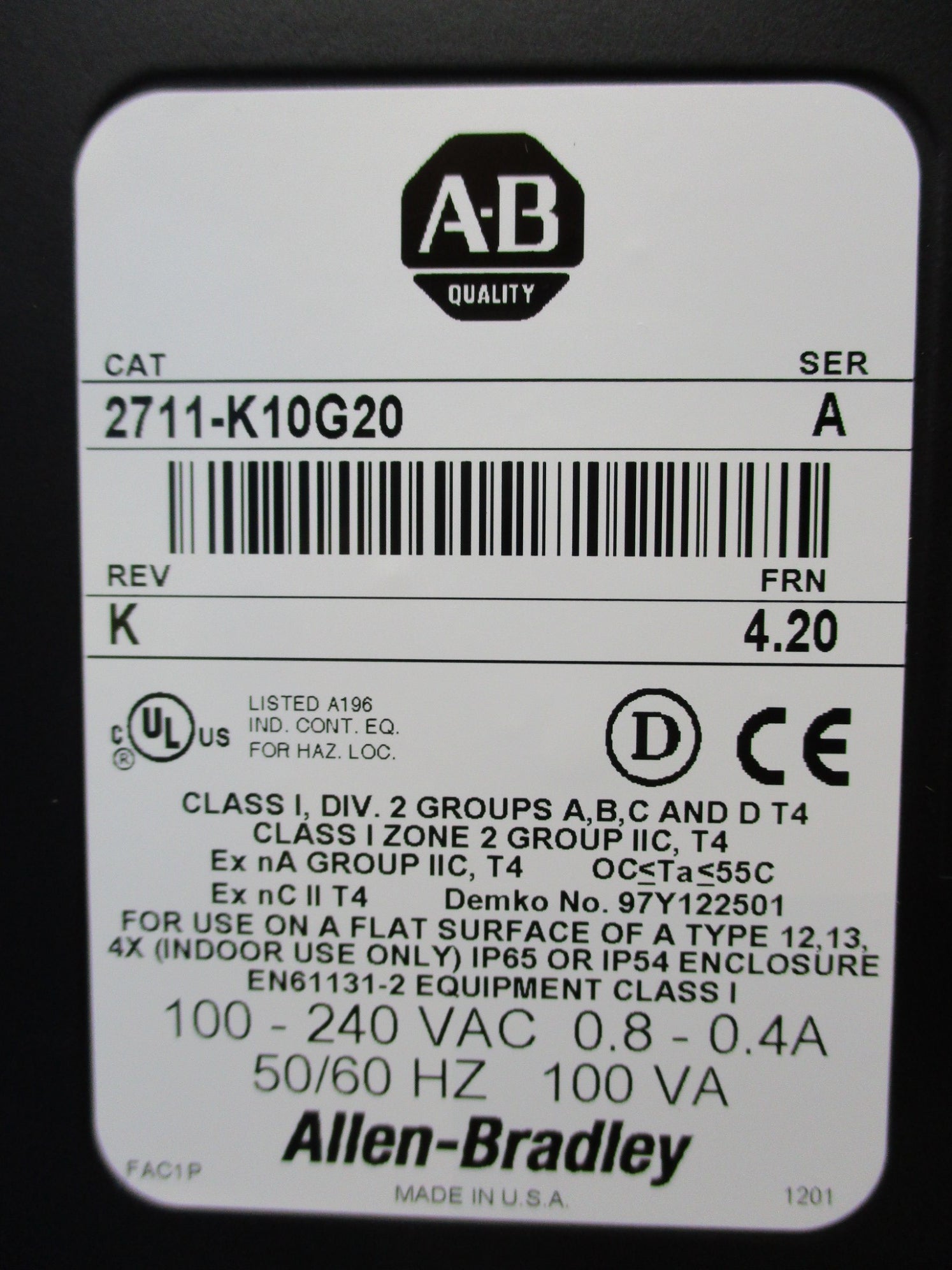 ALLEN BRADLEY 2711-K10G20 SER. A F/W 4.20 NSMP