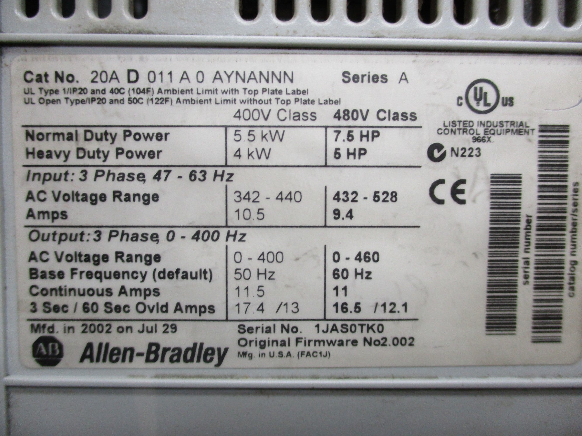 ALLEN BRADLEY 20AD011A0AYNANNN SER. A F/W 2.002 UNMP