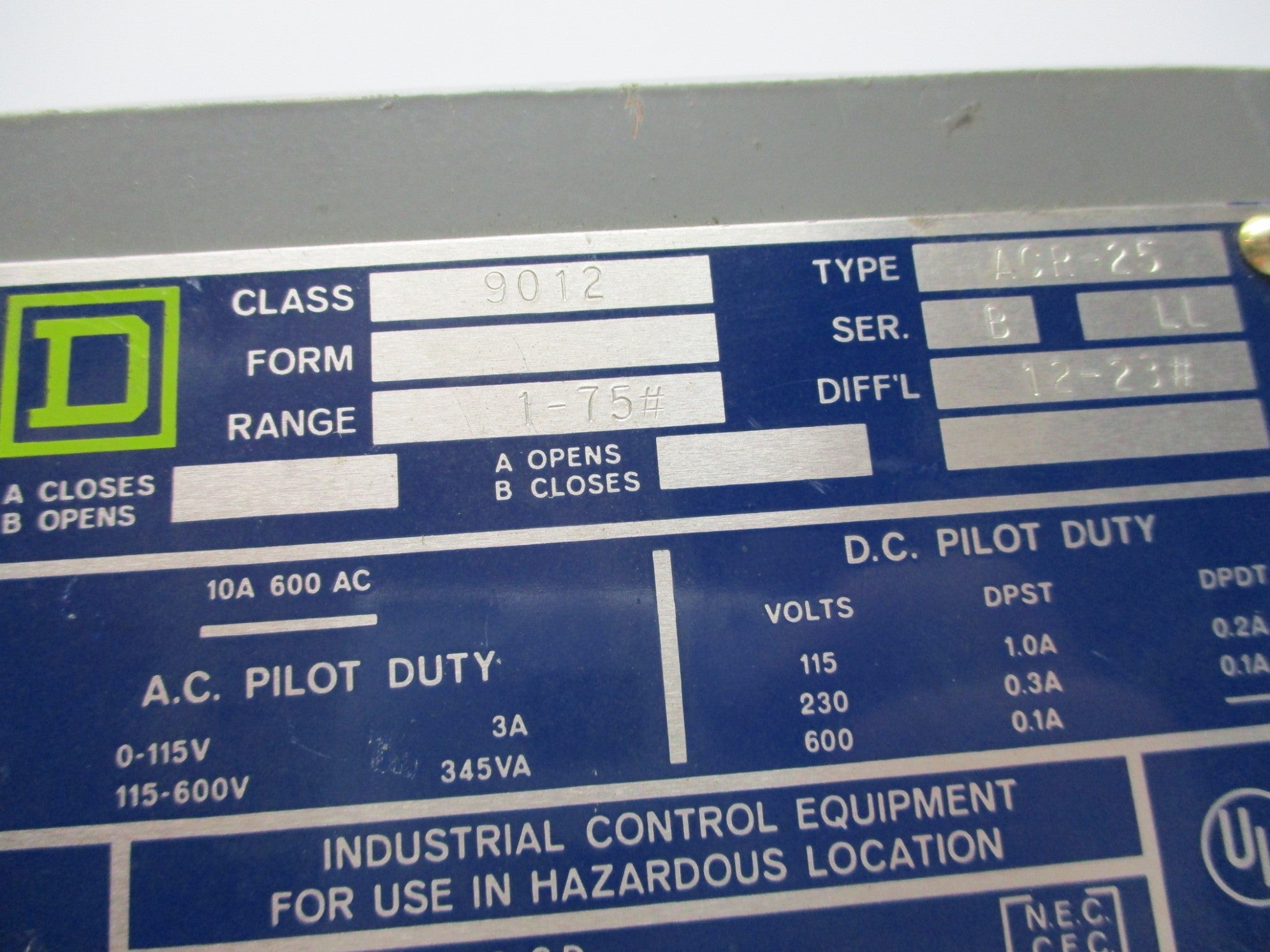 SQUARE D 9012-ACR-25 SER. B NSNP