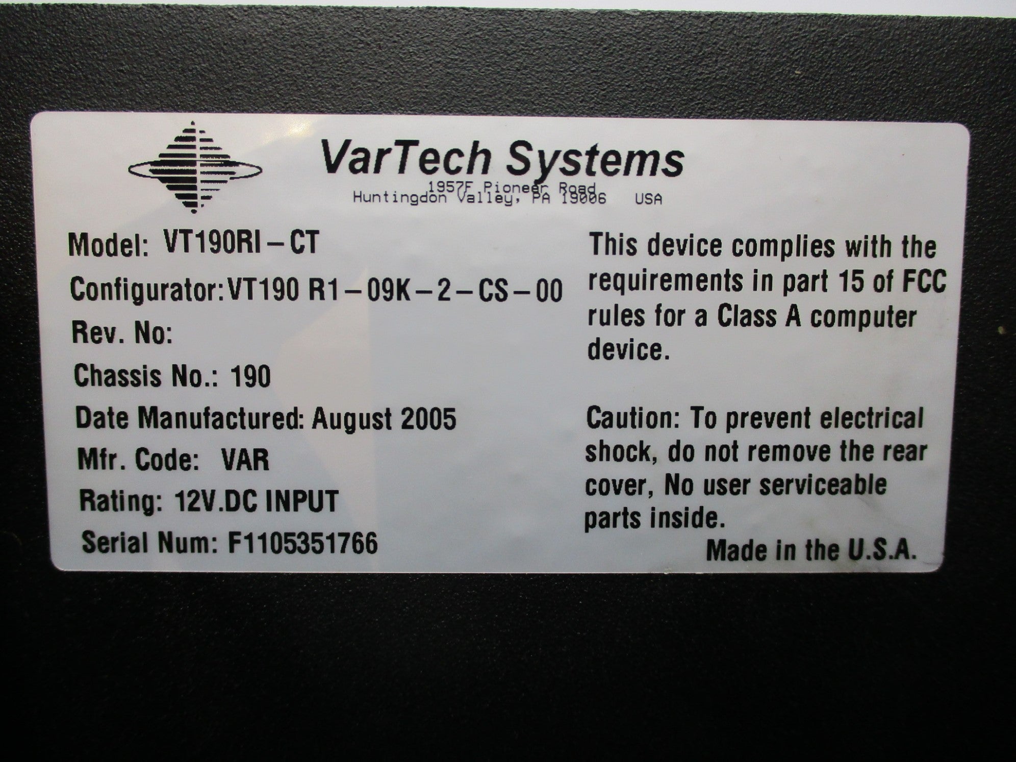 VARTECH SYSTEMS VT190RI-CT UNMP