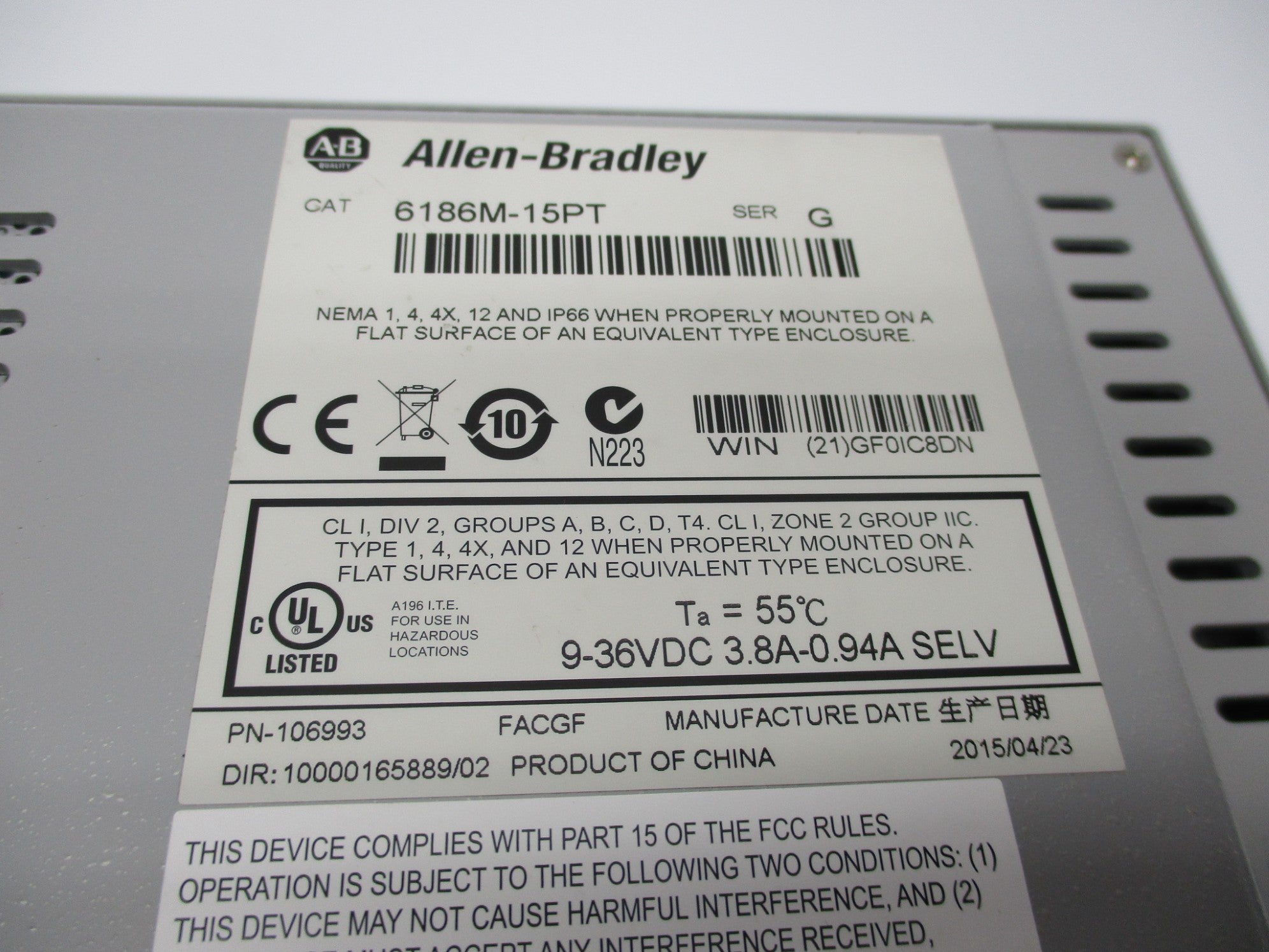 ALLEN BRADLEY 6186M-15PT SER. G NSNP