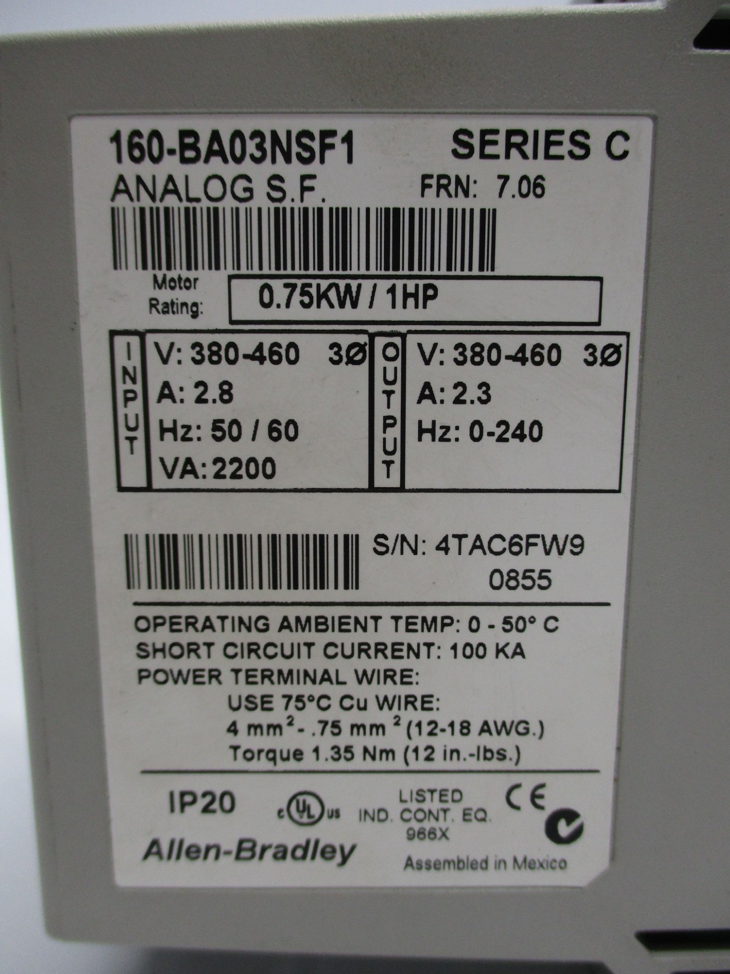 ALLEN BRADLEY 160-BA03NSF1 SER. C F/W 7.06 NSNP