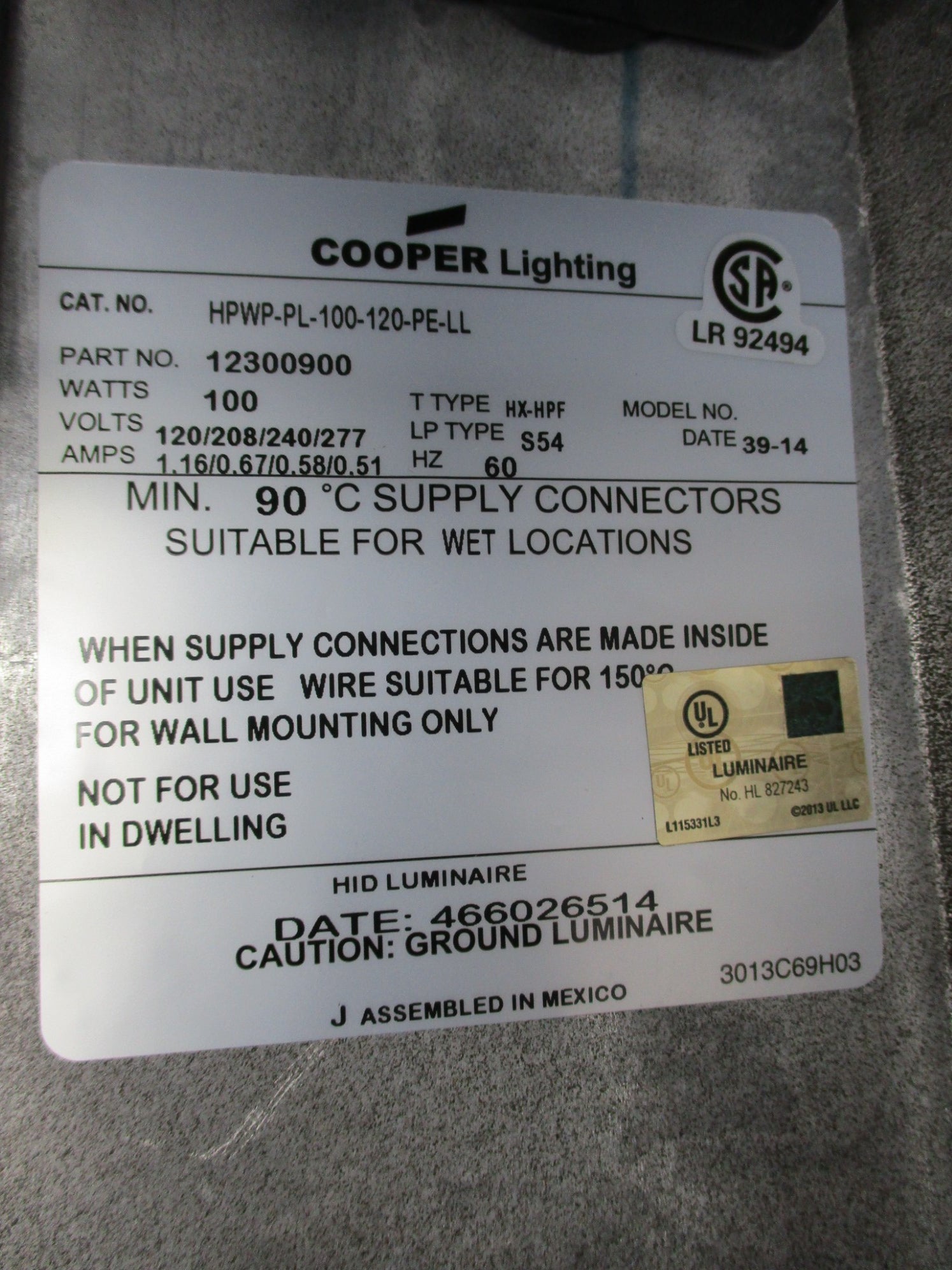 COOPER LIGHTING HPWP-PL-100-120-PE-LL 277V 1.16/0.67/0.58/0.51A NSMP