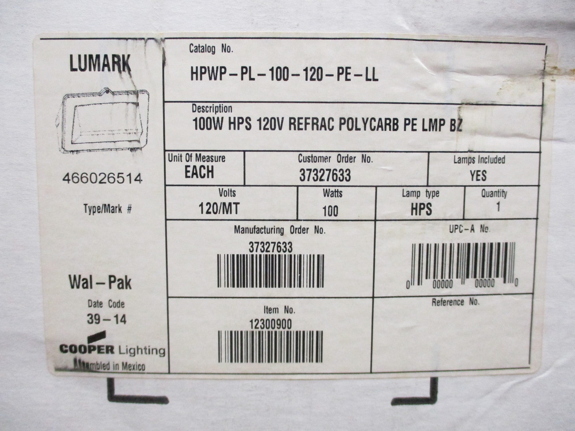 COOPER LIGHTING HPWP-PL-100-120-PE-LL 277V 1.16/0.67/0.58/0.51A NSMP