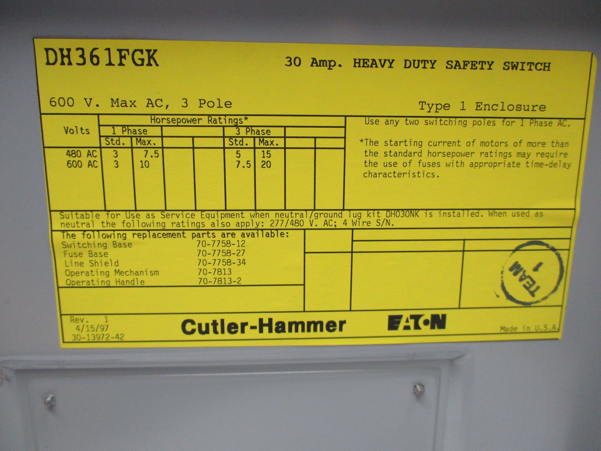 CUTLER HAMMER DH361FGK (AS PICTURED) NSMP