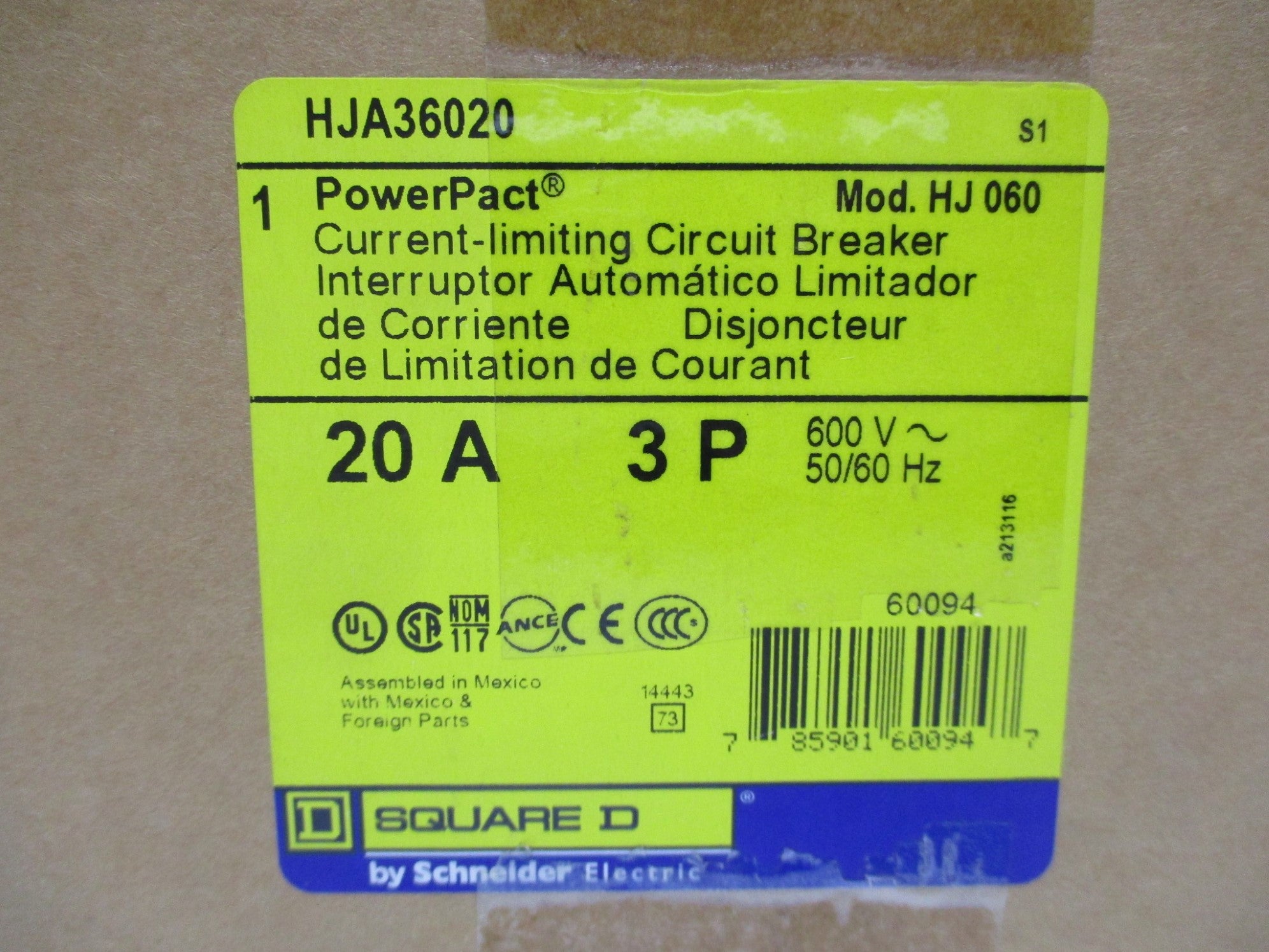 SQUARE D HJA36020 20A 600V 50/60HZ NSMP