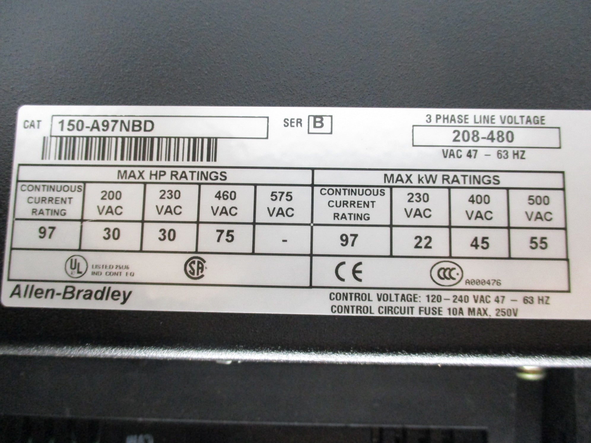 ALLEN BRADLEY 150-A97NBD SER. B F/W 3 (BR/WH) NSMP