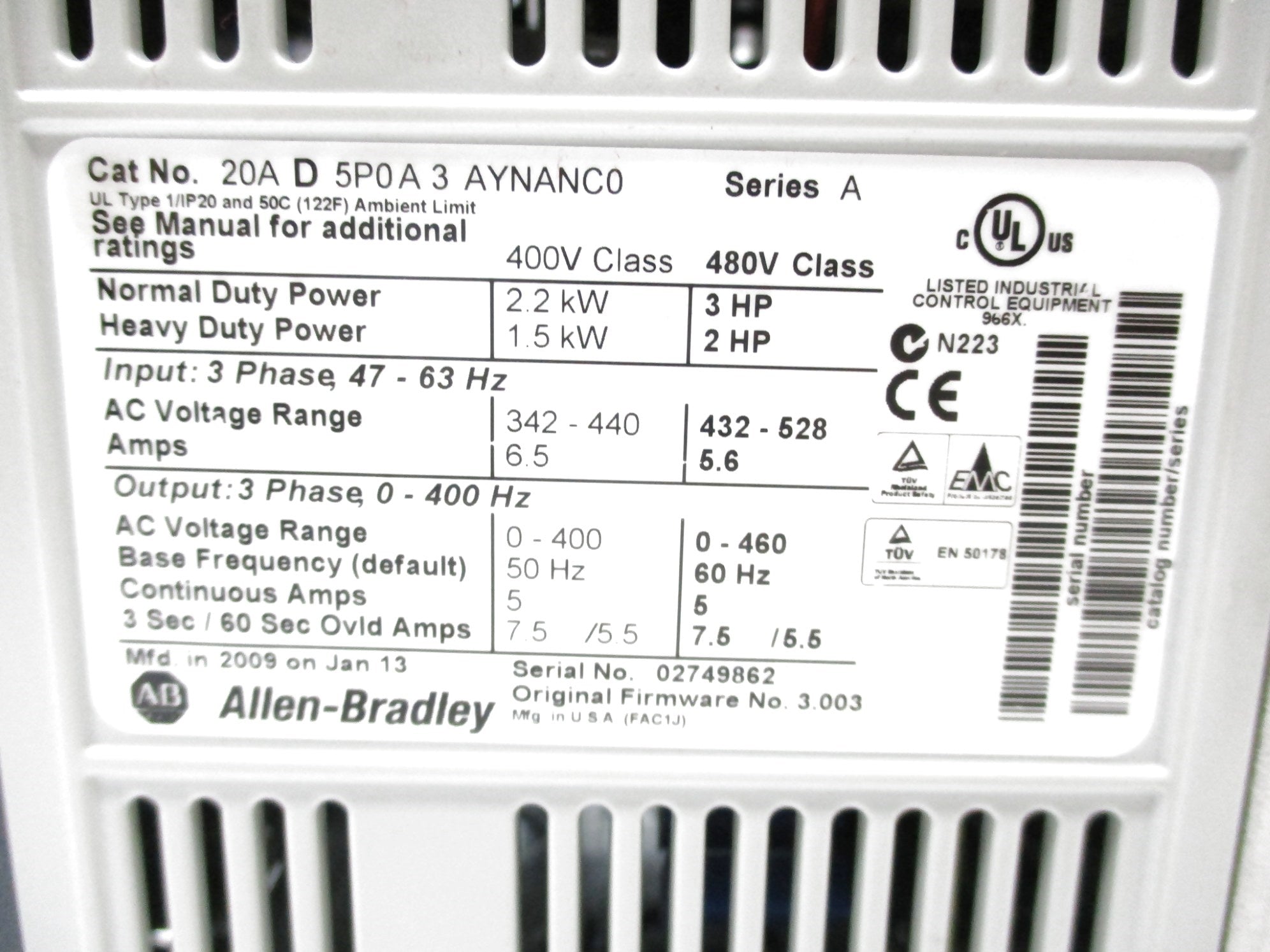 ALLEN BRADLEY 20AD5P0A3AYNANC0 SER. A F/W 3.003 NSNP