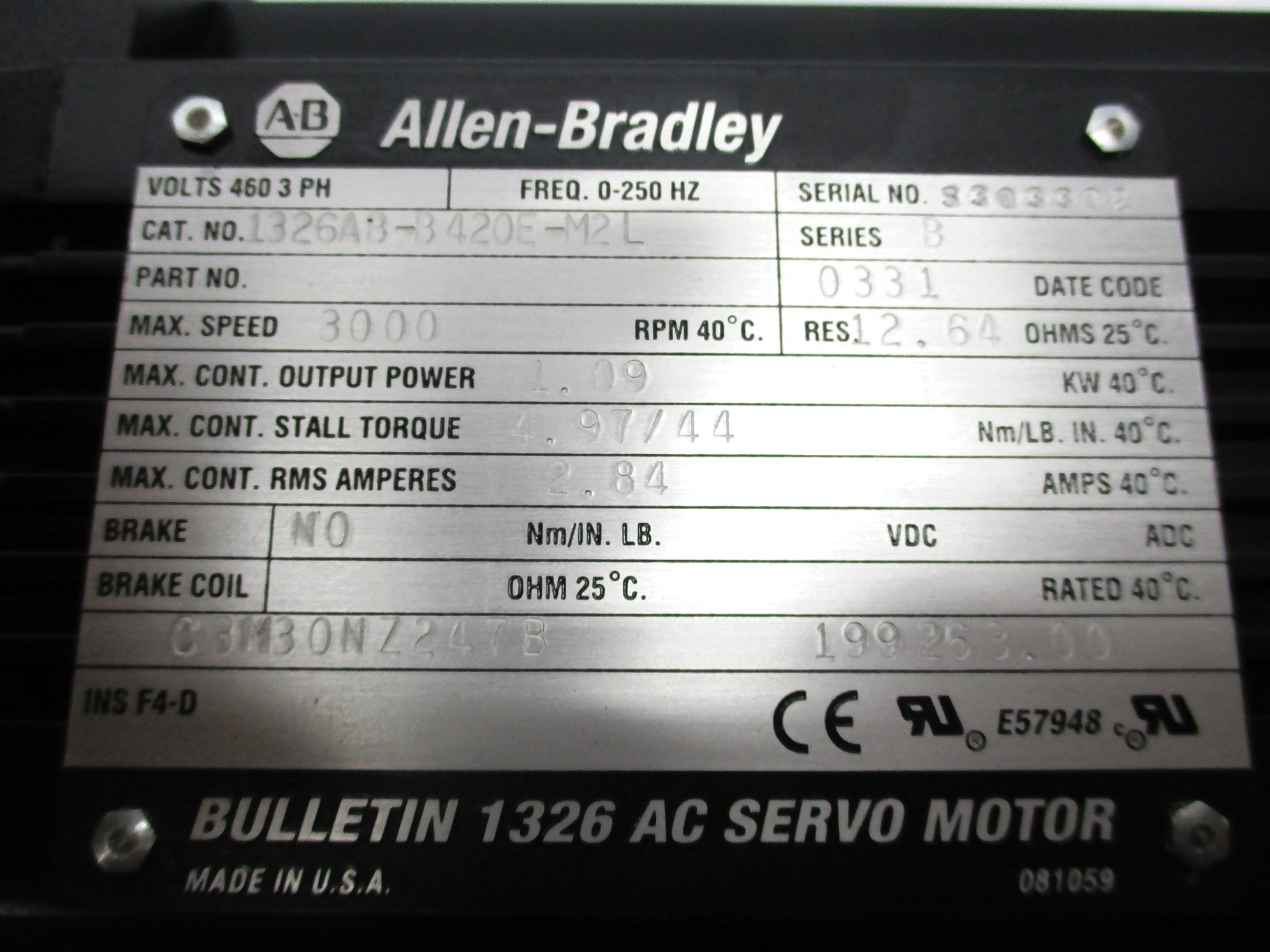 ALLEN BRADLEY 1326AB-B420E-M2L SER. B (WH/YL) NSMP