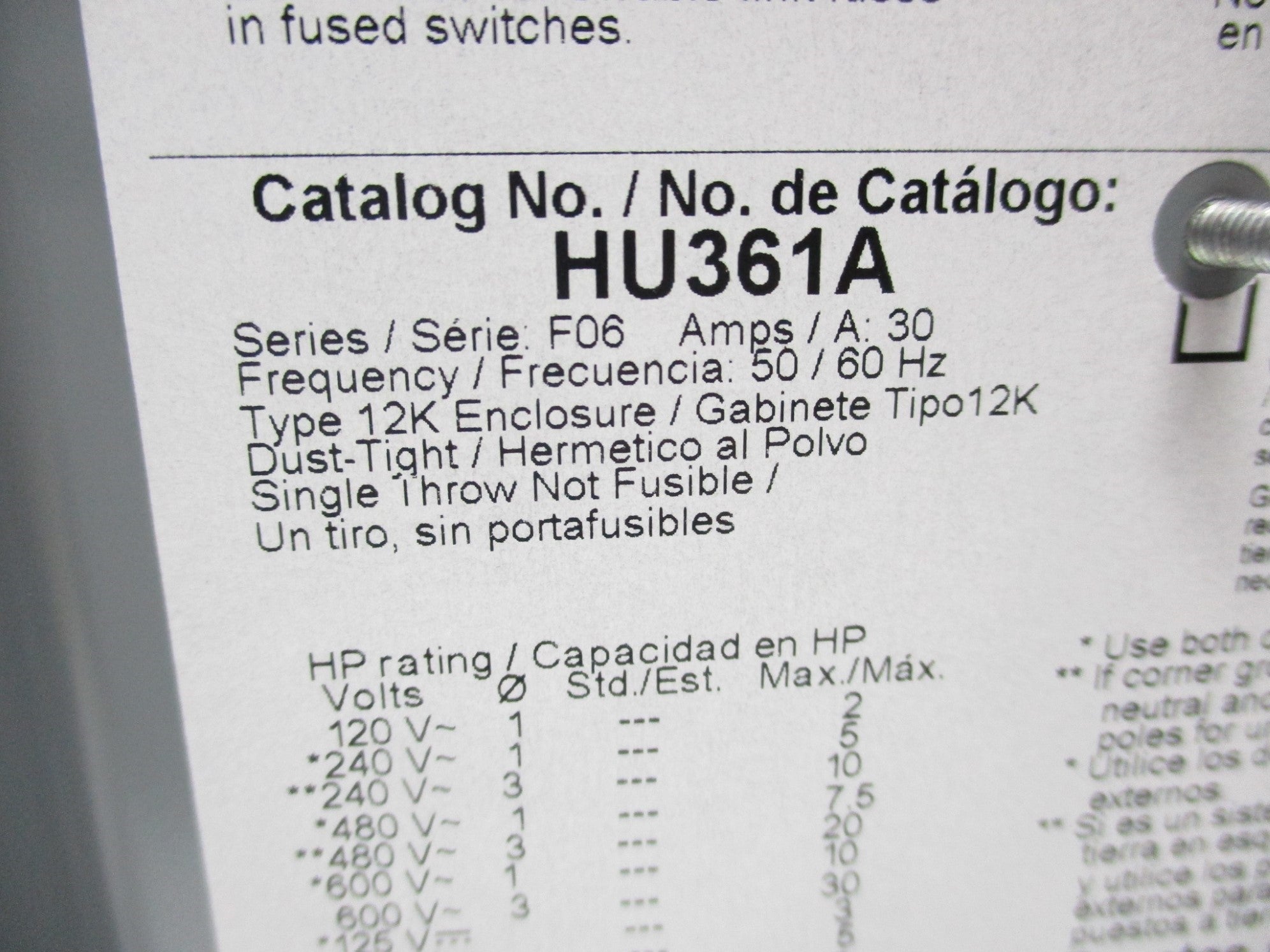 SQUARE D HU361A SER. F06 NSMP