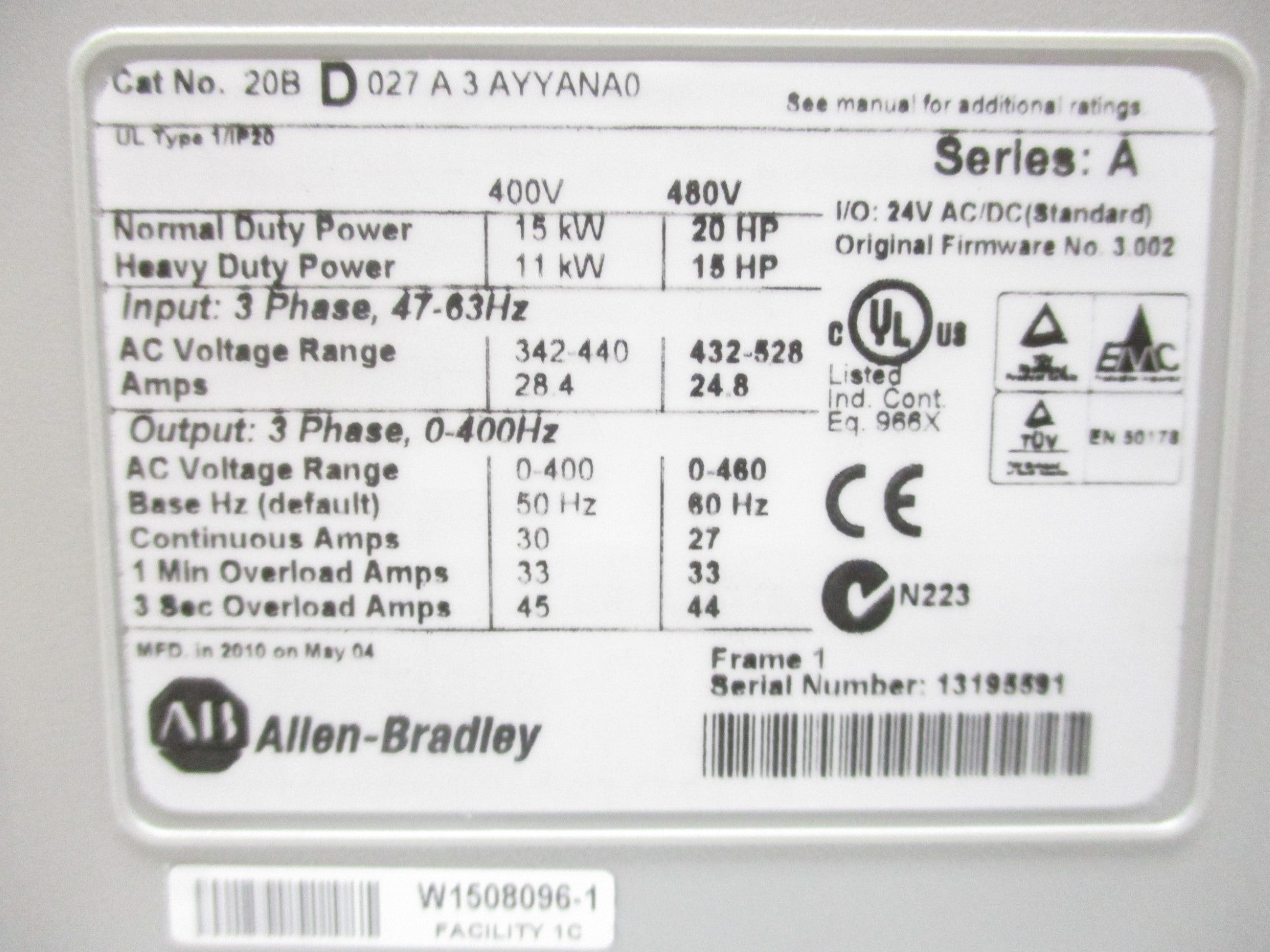 ALLEN BRADLEY 20BD027A3AYYANA0 SER. A F/W 3.002 REMAN