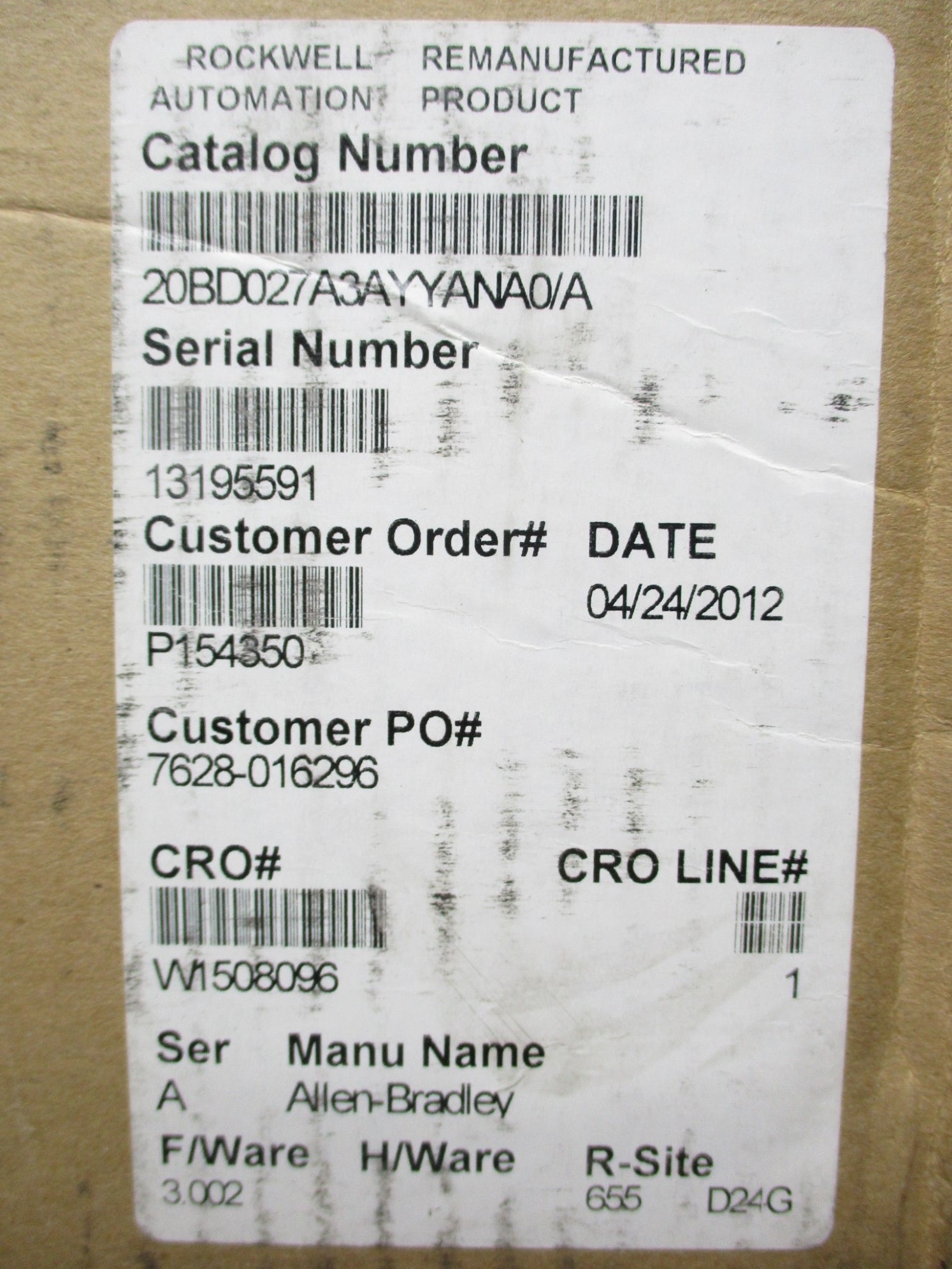 ALLEN BRADLEY 20BD027A3AYYANA0 SER. A F/W 3.002 REMAN