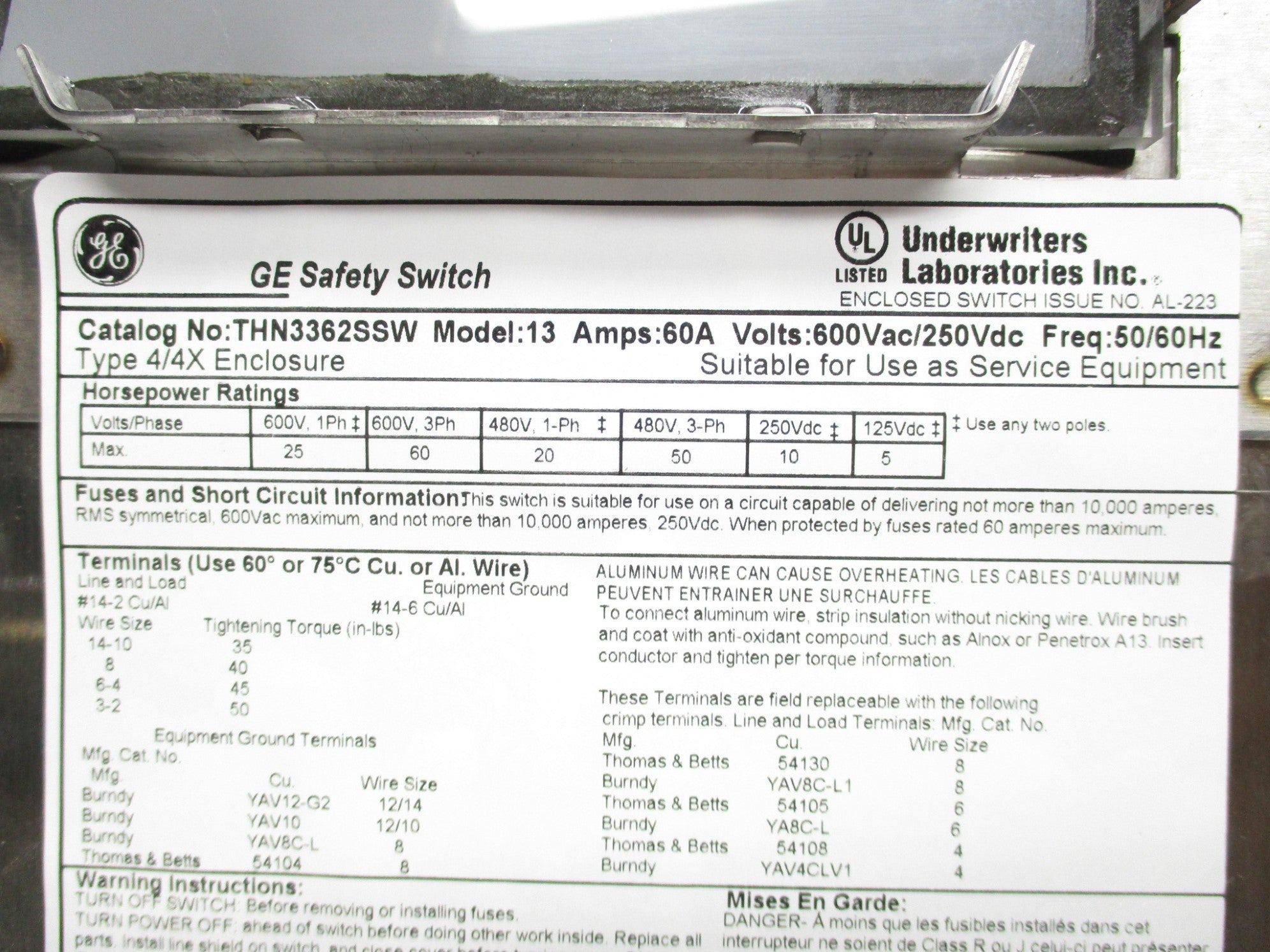 GENERAL ELECTRIC THN3362SSW NSNP