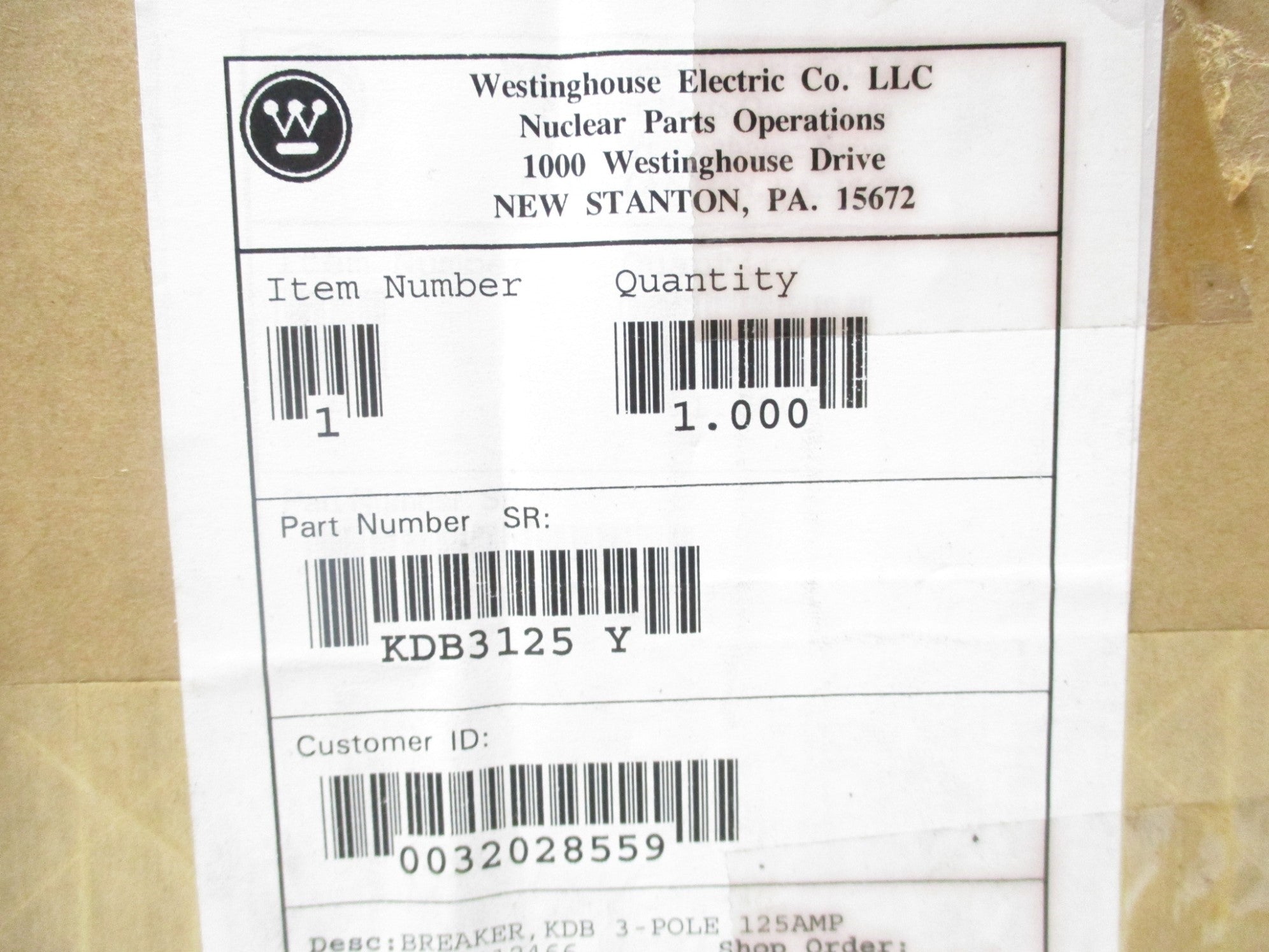 WESTINGHOUSE KDB3125 125A 600VAC NSMP