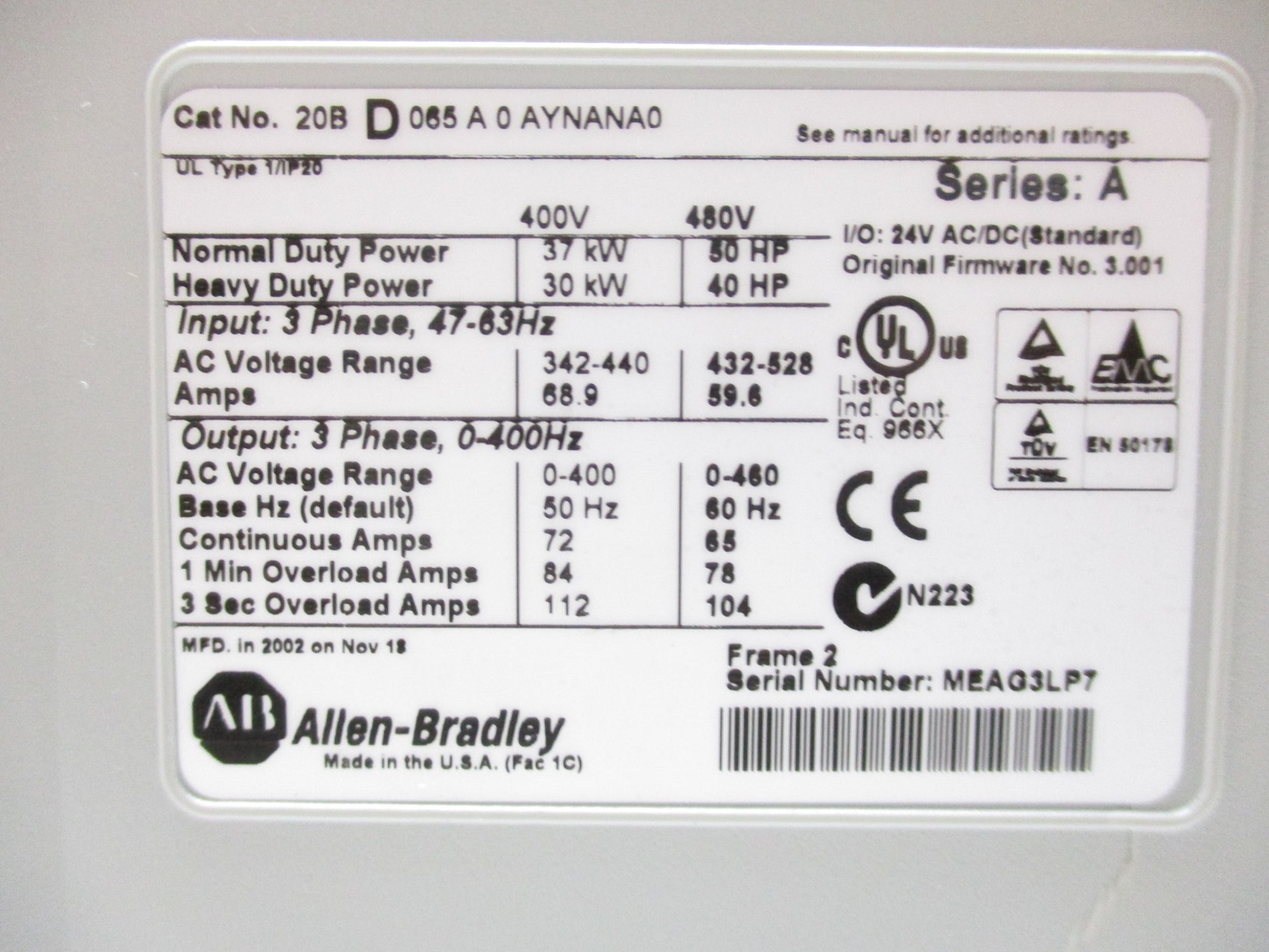 ALLEN BRADLEY 20BD065A0AYNANA0 SER. A REMAN