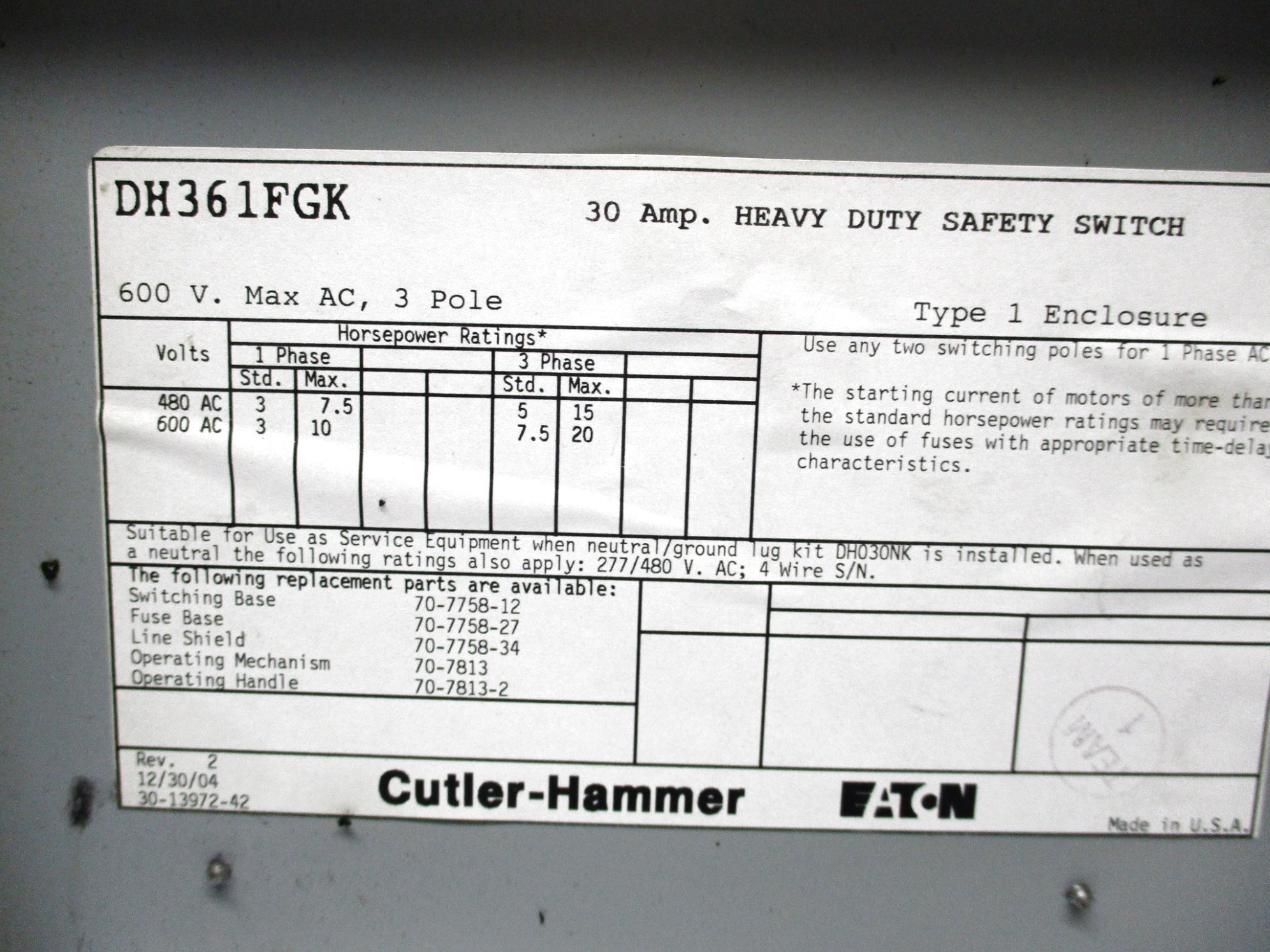 EATON DH361FGK UNMP